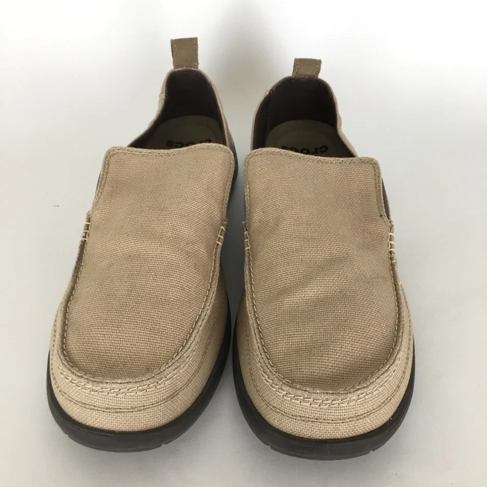 CROCS Walu Men’s Beige Canvas Slip-On Loafer Shoes with Dark Brown Sole Size 13